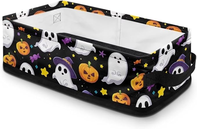 Halloween Ghost Pumpkin Toilet Paper Basket with Handle, Decorative Toilet Tank Topper Basket with Handle for Countertop Shelves, Bathroom Bedroom Living Room Decor