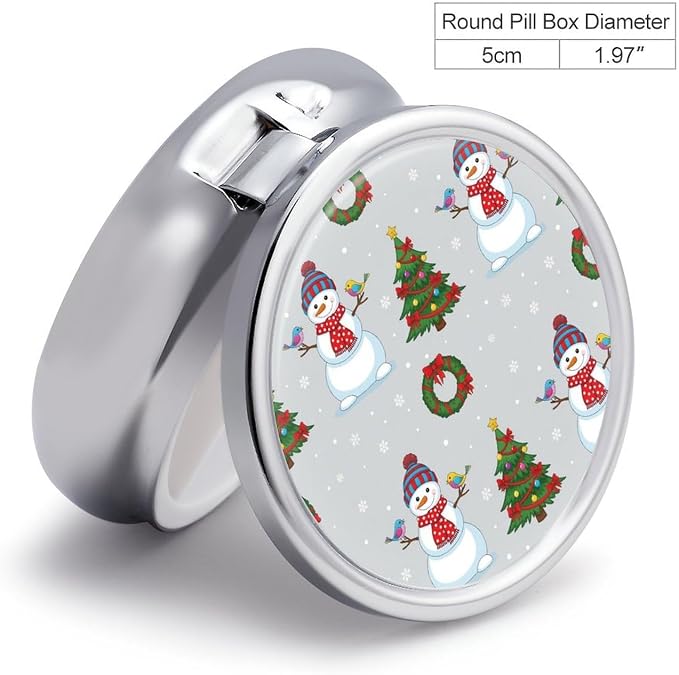 Travel Medicine Box, Christmas Snowman Round Small Organizer, Metal Pill Case for Fish Oil, Portable Dispenser Purse Pocket for Commuters