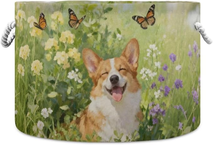 Joyful Corgi Dog Collapsible Round Storage Basket with Handles | Butterfly Floral Large Laundry Baskets Hamper, Clothes Organizer Bin for Nursery Bedroom Living Room Decor, 20x 20x 14 Inches