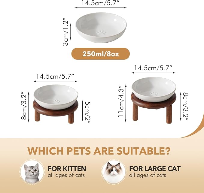 Havniva Elevated Cat Bowls, Ceramic Cat Bowl with Wood Stand, Wide Opening | 5.7” Raised Cat Food Bowls, Whisker Friendly Cat Dish, Anti-Slip Cat Water Bowls, Shallow Cat Bowls, Cat Food & Water Bowl