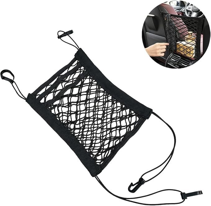 Dog Car Net Barrier, Pet Safety Divider with Mesh Organizer for Kids, Elastic Seat Back Storage Pouch, Universal Fit Vehicle Cargo Netting for Cars SUVs, 2-Layer Stretchable Barrier