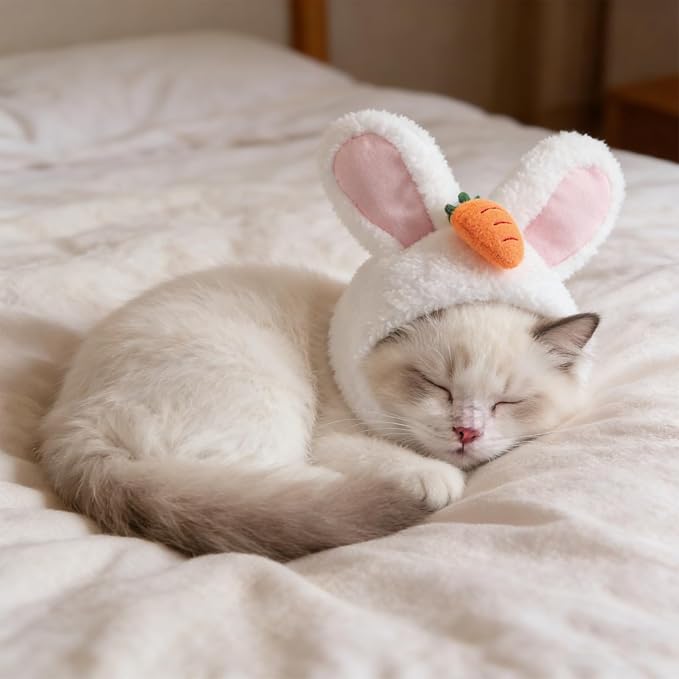 Pet Bunny Rabbit Hat with Ears for Dogs and Puppies White | Polyester Headwear, Lightweight Breathable Fit, Holiday Celebrations and Halloween Costume Accessory