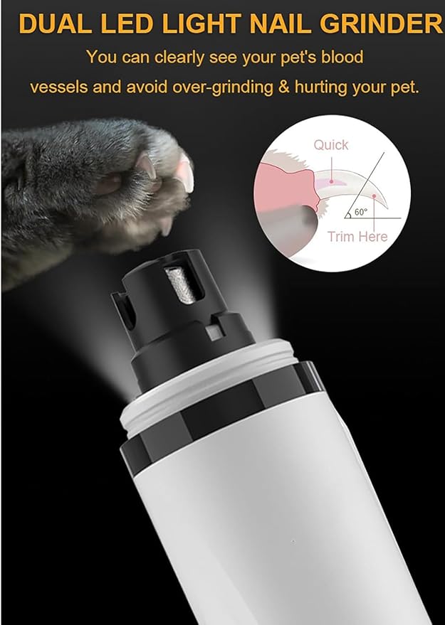 Nail Grinder, Upgraded Silent Dog Nail Grinder, Cordless Grooming Pro Nail Grinder with 3 Adjustable Speeds & Led Light Pet Nail Grinders for Dog Cat Home Use(1pc+2 Heads)