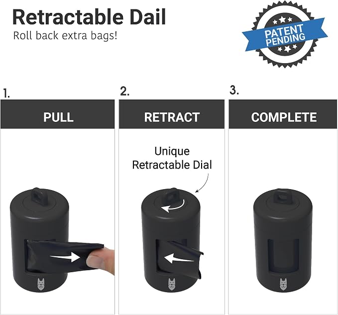SVD.PET Retractable Dog Poop Bag Holder with 15 Waste Bags | Stretchy lanyard, fits all dog leashes, compatible with hollow cardboard core waste bag rolls, portable for daily dog walking