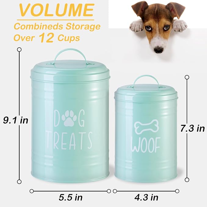 Dog Treat Container Airtight Set of 2, 9x5.5''&7x4'', 12Cup Capacity(Green) | Airtight Lid Keep Food Fresh,Large Capacity Dog Treat Jar Suitable All Popular Treats,Dent-Resistant Durable Metal Cookie Jar
