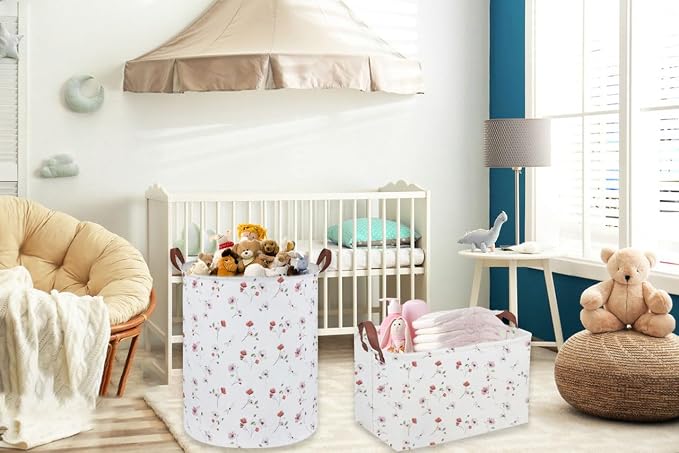 Sanjiaofeng Rectangular Kids Basket Flower Storage Bins,Girls Storage Basket with Handles.Clothers,Books,Kid's Gifts Bins. (Dried flower)