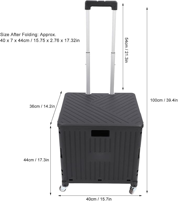 Folding Utility Cart, Portable Rolling Crate Handcart with Telescoping Handle, Large Capacity Storage Cart for Outdoor Shopping Travel, 15.75in x 14.17in x 39.37in (Black)