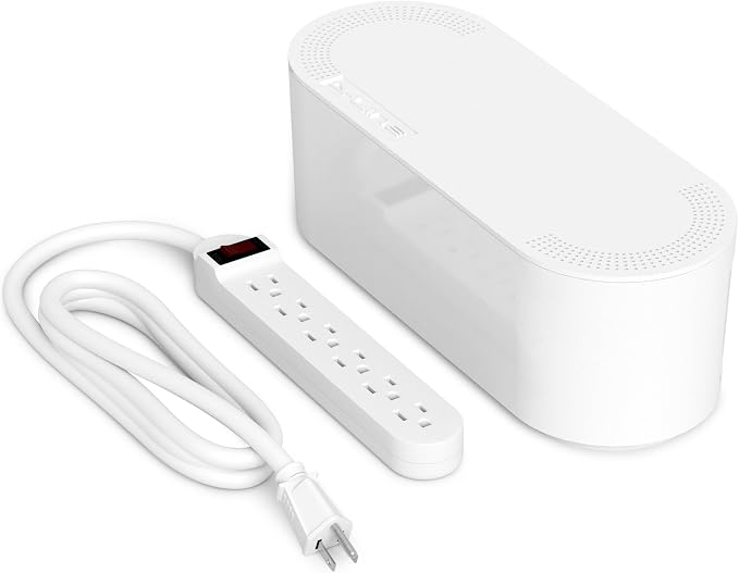 D-Line Cable Management Box with 6 AC Outlet 6ft Power Strip, Hide Extension Cords and Excess Wire Clutter, 12.75in (L) x 5in (H) x 4.5in (W) - Small, White