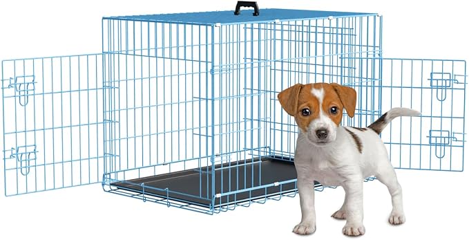 Dog Crate Dog Cage Dog Kennel Outdoor Metal Wire Double-Door Folding Pet Animal Pet Cage for Small Dog 24 inches with Plastic Tray and Handle,Blue