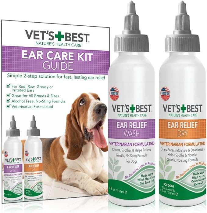 Vet's Best Dog Ear Cleaner Kit - Multi-Symptom Ear Relief - Wash & Dry Treatment - Alcohol-free