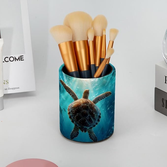 Faux Leather Pen Holder for Desk, Pencil Organizer Sea Turtle Pen Cup Desk Decor Makeup Brush Holder Storage for Office Home