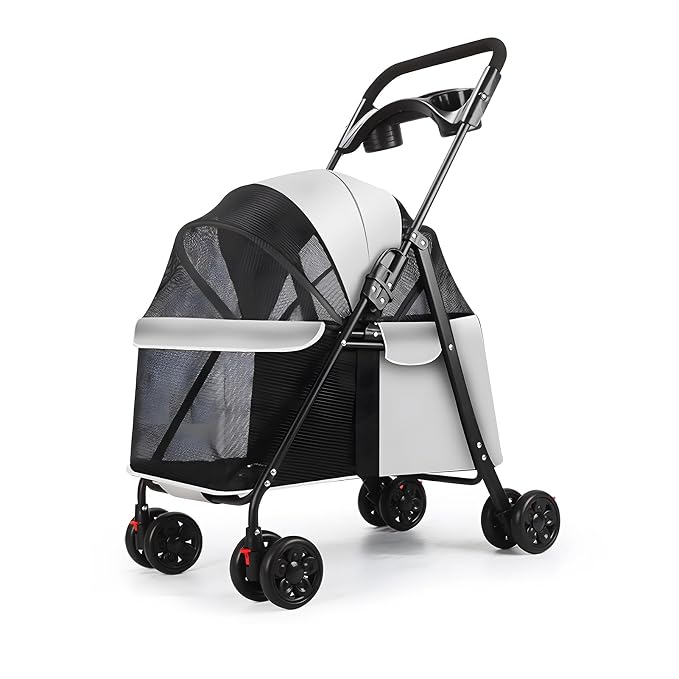 4‑Wheel Foldable Pet Stroller, Travel Strolling Cart for Small & Medium Dog | Breathable Visible Mesh Window, Cup Holder & Storage Basket, Rear Wheel Dual Brake, Portable Folding Design Light Grey