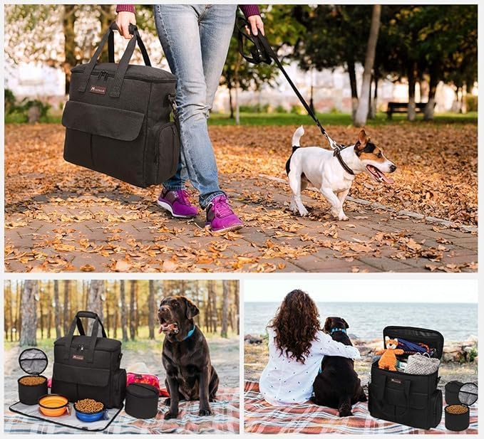 Modoker Weekend Dog Travel Bag Set with 2 Food Bags, 2 Bowls and Mat, Black | Dog Travel Accessories Organizer for Camping and Road Trips with Roomy Storage, Multiple Pockets and Water-Resistant Oxford
