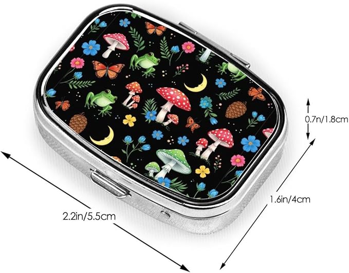 Portable Pill Organizer Compact Moisture-Proof Case Daily Vitamin Box for Men Women Travel Pocket Purse, Moon Frogs Trippy Mushroom Leaves