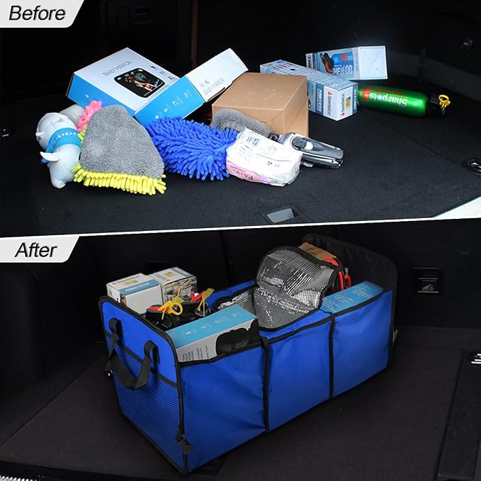 8sanlione Car Trunk Organizer, 3 Compartments, Insulated Section, Blue | For sedans, SUVs, vans, woven fabric shell, side grips, light-item sorting, wipe-clean care, automotive interior accessories