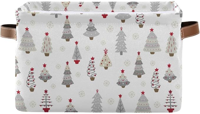 Christmas Tree Gray Storage Basket Fabric Kitchen Baskets Winter Snowflake White Grey Open Home Storage Bins Boxes Foldable Organizer Bag for Book Shelf Closet Baskets 16×12×8 Inches 2 Pack