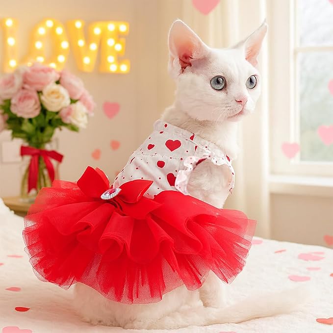 Red Small Dog Dress with Heart Patterns Sleeveless Summer Puppy Clothes Girl Dog Outfit Bow Knot Cat Dresses Pet Clothes for Valentines Birthday Holiday Wedding Birthday (Red, X-Large)