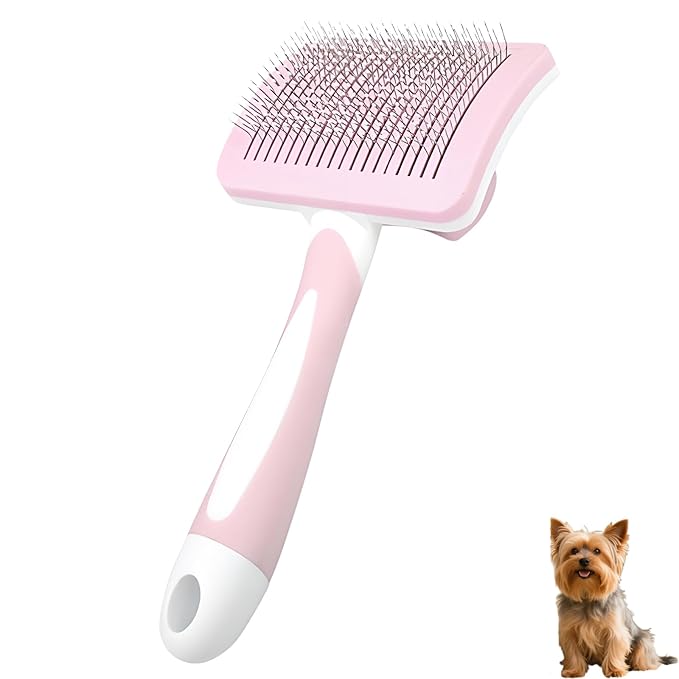 Self Cleaning Slicker Dog Brush for Small Long-Haired Breeds, One-Click Hair Removal, Puppy Essentials, Fit Yorkie, Shih Tzu, Maltese, Maltipoo, Pomeranian, Pet Grooming Tool (Light Pink)