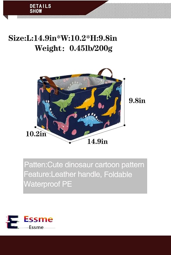 Essme Dinosaur Basket,Dinosaur Storage Baskets for Boys, Dinosaur Baskets for Boys with Handle Dinosaur Baskets for Dinosaur Room Decor, Clothes,Books.(Navy Blue dinosaurs)