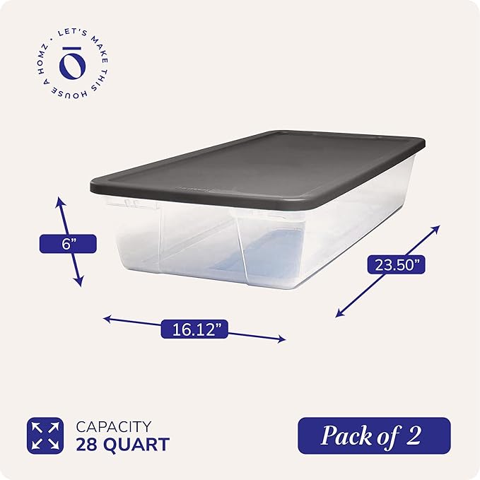 HOMZ Clear Plastic Storage Bins w/Snaplock Lids, 28 Qt, Gray, 2 Pack | Stackable Container Boxes for Bedroom, Bathroom, Garage, and Office Organization