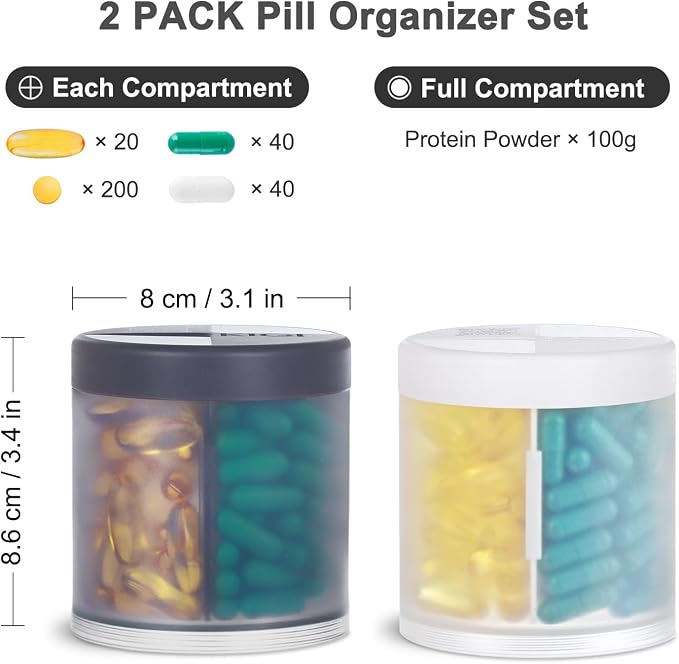 2 Pack KIGI Large Capacity Medicine Organizer Pill Bottles with 4 Compartments