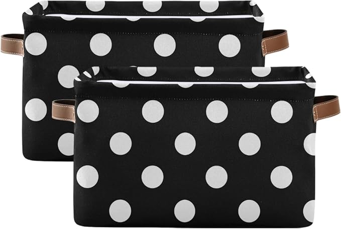 susiyo Large Foldable Storage Bin Black White Polka Dot Fabric Storage Baskets Collapsible Decorative Baskets Organizing Basket Bin with PU Handles for Shelves Home Closet Bedroom Living Room-1Pack