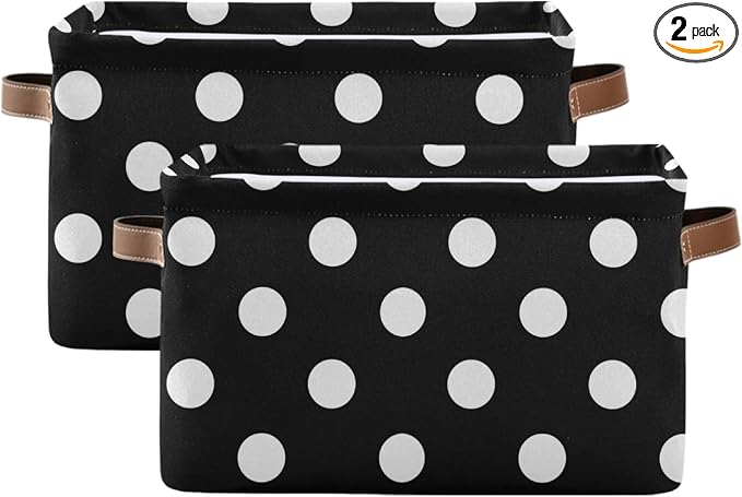 susiyo Large Foldable Storage Bin Black White Polka Dot Fabric Storage Baskets Collapsible Decorative Baskets Organizing Basket Bin with PU Handles for Shelves Home Closet Bedroom Living Room-2Pack