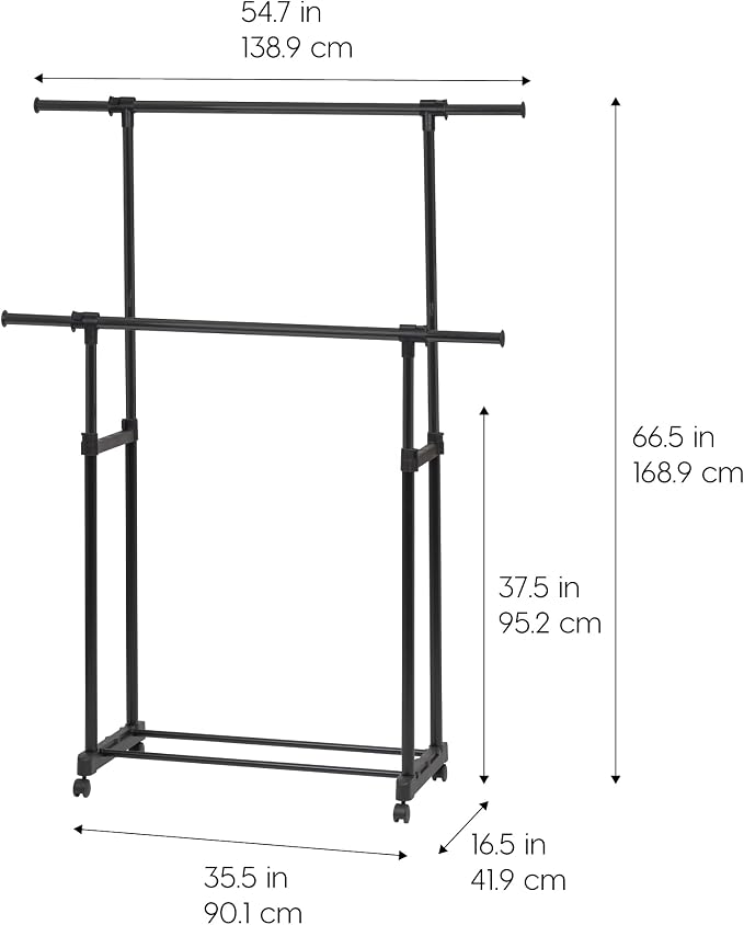 IRIS USA Portable Double-Rod Height Adjustable Clothes Rack with Extendable Bar and Lockable Wheels, Rolling Garment, Double Rod Wardrobe Rack, Easy Assemble, for Clothes, Belts, Shoes, and Bags | Adjustable hanging space for garments, accessories, and...
