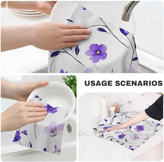 Purple Flower 2Pcs Kitchen Towels Poppy Watercolor 16X24 Inch Ultra Soft Tea Towel Super Absorbent Terry Dish Towels for Kitchen Linens