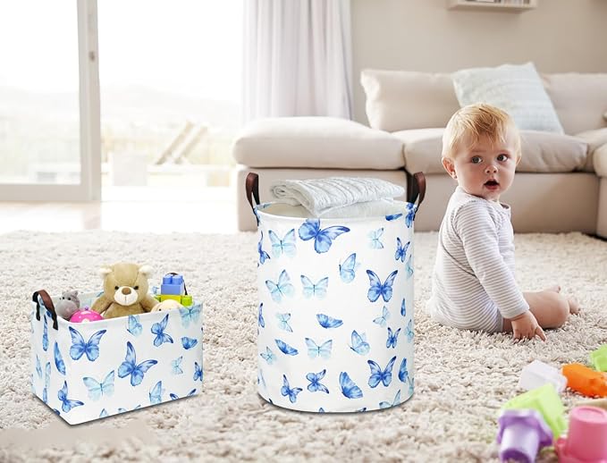 NTAOHAMPER Rectangular Blue Butterfly Storage Basket,baptism basket for favors,Collapsible Gift Basket with Handles,Kids Toys/Books Box(Blue Butterfly)