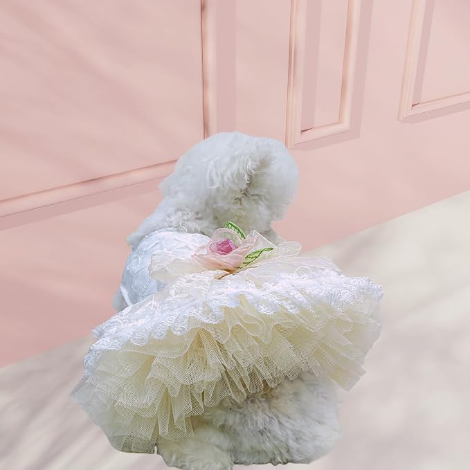 FLAdorepet Luxury Rose Lace Dog Dress with Leash Ring,Pet Bride Costume Clothes for Small Dogs Girls,Formal Dog Wedding Party Dresses Apparel (White, X-Small(Chest 11"|Weight 2-3Lbs))