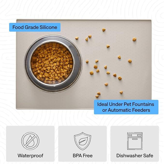 GORILLA GRIP 100% Waterproof Raised Edge BPA Free Silicone Pet Feeding Mat, Dog Cat Food Mats Contain Spills Protects Floors, Placemats for Cats and Dogs Water Bowl, Pets Accessories 26x17 Beige
