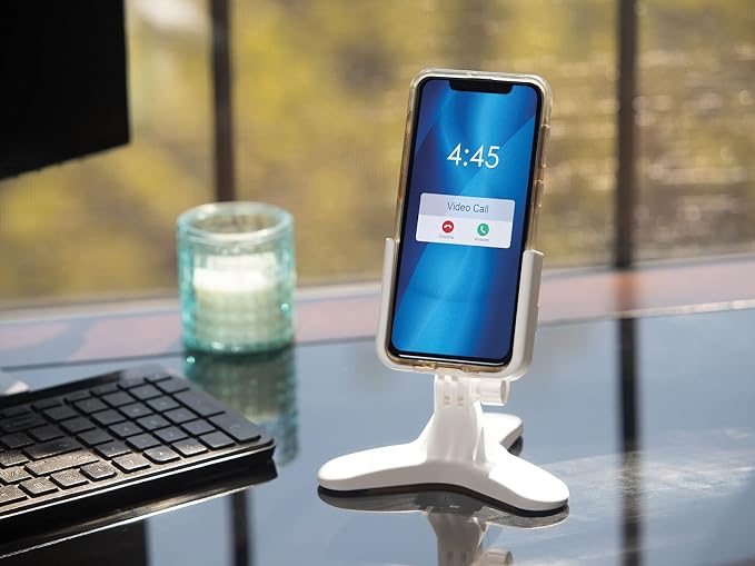 WeatherTech DeskFone in White - Adjustable, Universal Cell Phone Holder Mount Stand for Desk, Counter, Table - Tripod Design for iPhone & Smartphone Charging - Gold Metal Knobs