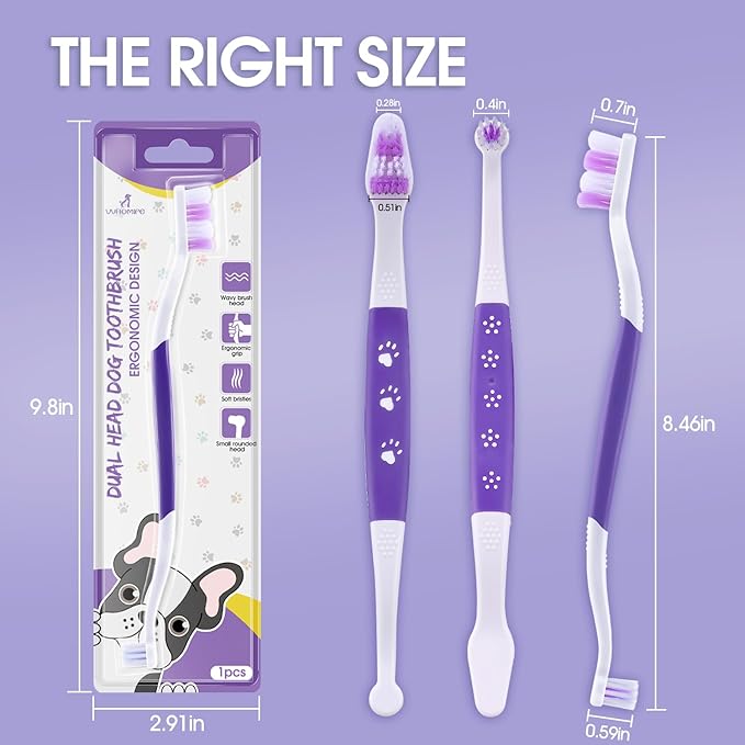 Dog Toothbrush – Newly Upgraded Dual-Head Design with 60° Wavy Bristles–Gently Surrounds Teeth for Deep Cleaning and Plaque Removal – Non-Slip Handle, Ideal for Daily Pet Dental Care (Purple, 1-Pack)