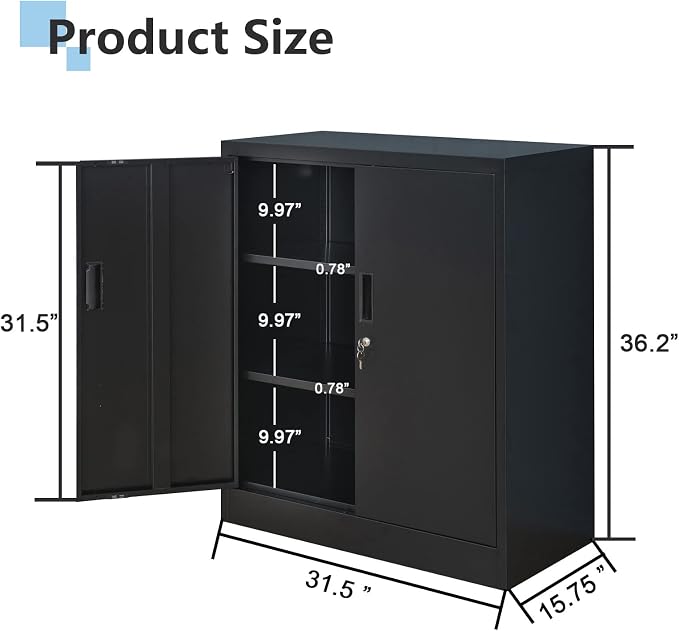 Wanfu Metal Storage Cabinet, 36" H Locking Storage Cabinet with 2 Adjustable Shelves, Metal Cabinets for Garage, Home, Office, Utility Room-Black