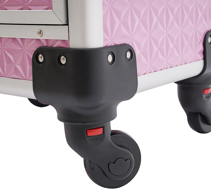 Professional Rolling Makeup Train Case with Lock, 7 Compartments 44lbs Capacity Rolling Nail Case Adjustable Organizer for Makeup Artists, Hairstylists, Pet Groomers (Pink)