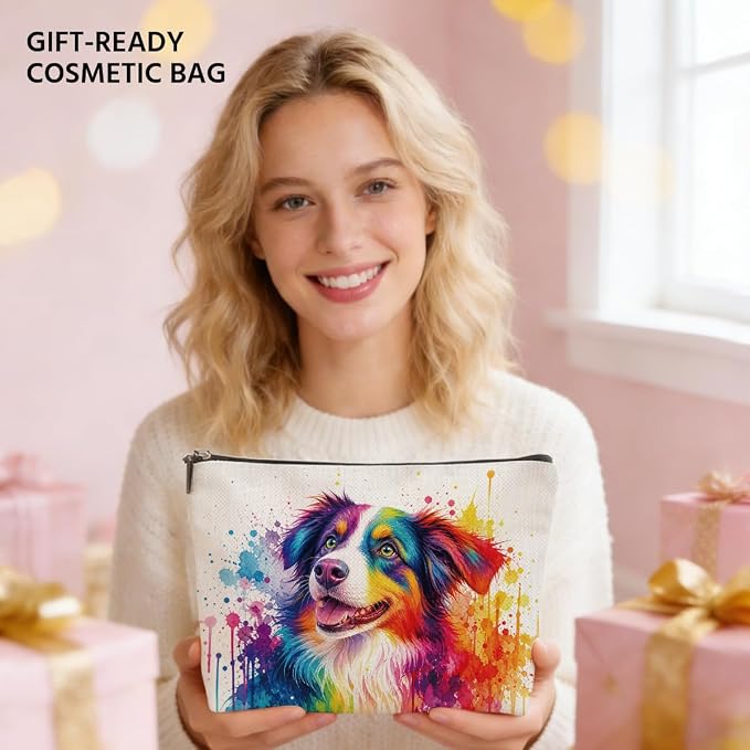 Colorful Border Collie Makeup Bag Dogs Gifts Cosmetic Bag Makeup Pouch | Cute Dog Travel Toiletry Bags, Christmas Birthday Gifts for Women Mom Girls Daughters Sisters Friends Dog Lover Pet Owner