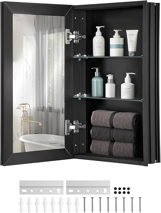 VEVOR Medicine Cabinet, 14 x 24 inches, Medicine Cabinet for Bathroom with Mirror, Aluminum Frame Bathroom Wall Cabinet, 2-Layer Adjustable Shelves, Recessed & Wall-Mounted Installation