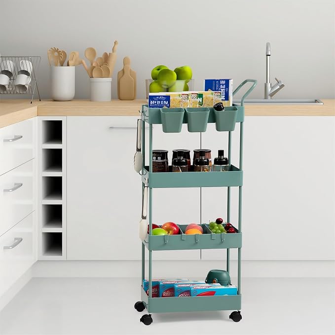 danpinera Slim Storage Cart on Wheels, 4 Tier Narrow Laundry Cart with Hooks Hanging Cups Dividers Mobile Rolling Lash Cart with Handle for Bathroom Small Spaces, Green