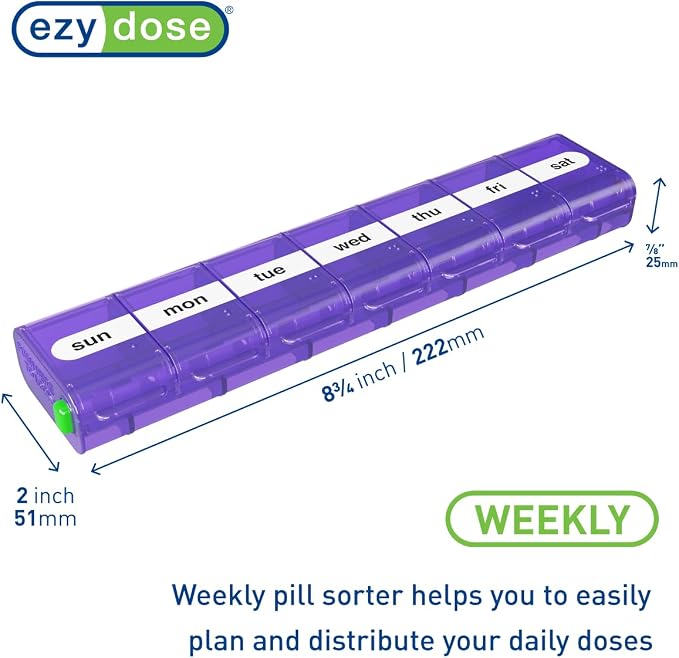 EZY DOSE Weekly (7-Day) Pill Case, Medicine Planner, Vitamin Organizer Box, X-Large Locking Compartments to Secure Prescription Medication and Prevent Accidental Spilling, Color May Vary