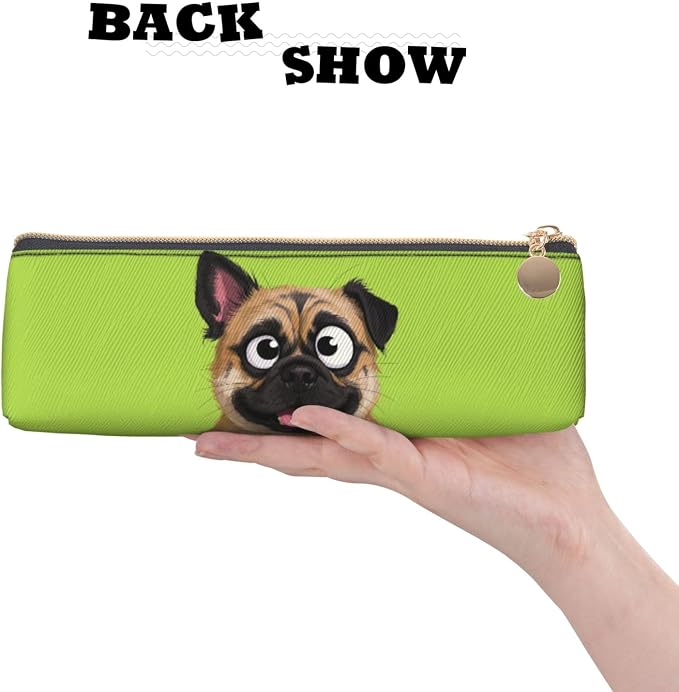 Leather Pen Case with Zipper - Aesthetic Pen Holder Dog funny face animal Pencil Case for Women & Men - Handcrafted Pencil Bag Multi-Functional Travel Cosmetic Case for Work Office Tool Pouch