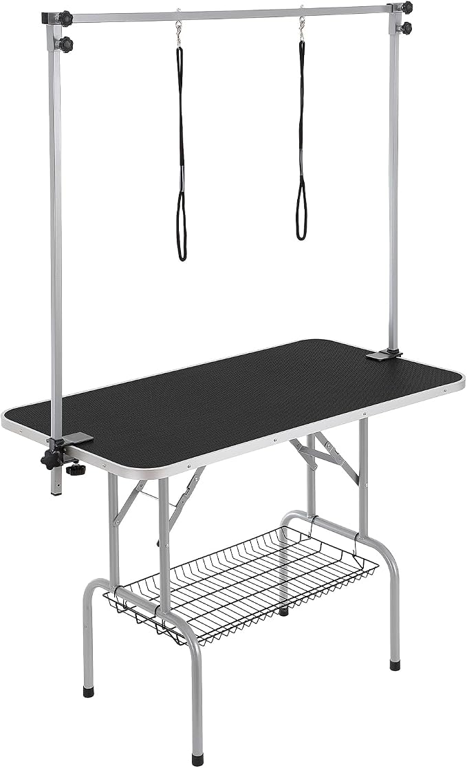 VEVOR Pet Grooming Table, 46 Inch Grooming Station with 2 Height Adjustable Arms, 330LBS Static Load Capacity, Foldable Dog Groom Station with No-Sit Haunch Holder with Loop, for Medium/Small Dogs