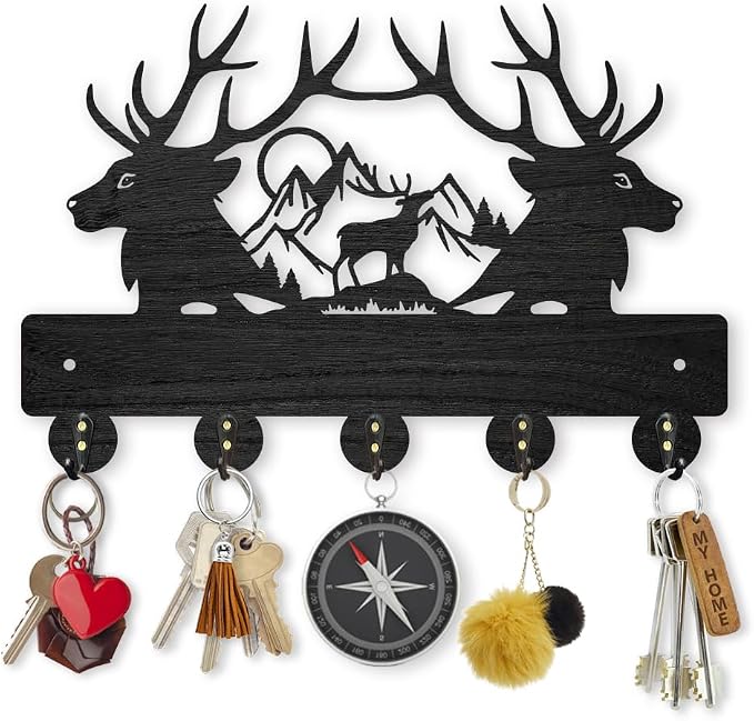MAYJOYDIY Deer Mountain Forest Coat Hooks Wall Mounted 11.8×7.9inch Black Wooden Deer Key Holder for Wall 5 Alloy Hooks Wall Art Decor Deer Hangers for Towel Key Kitchen Bedroom Entryway Gifts