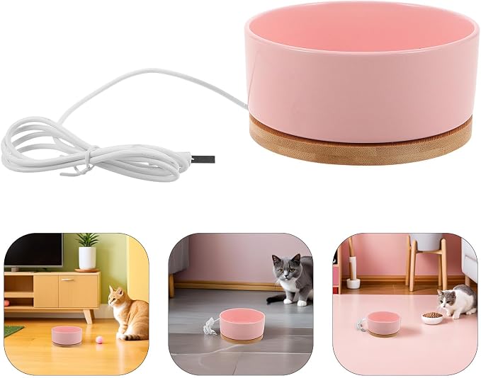 USB Powered Heated Pet Bowl for Cats and Dogs Anti-Freeze Electric Warming Ceramic Feeder with Cord Small Pink Thermal Water Dish for Outdoor Winter Use