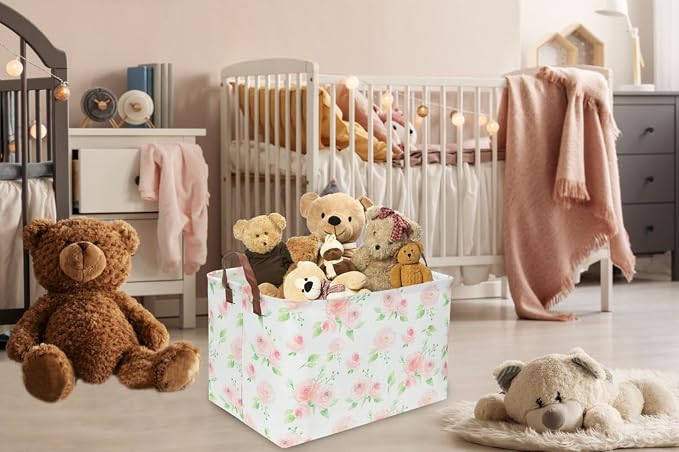 Essme Rectangular Rose Basket,Pink Storage Box, Flower Storage Bins Organizer with Handles for Girls Room Decor, Girl Basket,Shelf Basket.(Rose) .