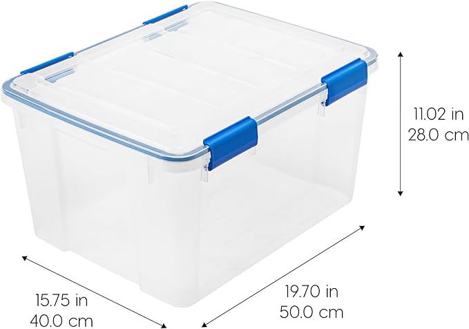 IRIS USA 2-Pack 44 Qt Storage Bins with Gasket Lids, Clear/Blue | WeatherPro seal helps protect bulky items for moving, garage, attic and basement storage