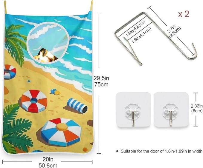 2PCS Hanging Laundry Hamper Bag Over the Door Laundry Hamper Wall Hamper Large Dirty Clothes Hamper with Stainless Steel Hooks 29.5x20Inch Tree Beach Wave Life Circle Sun