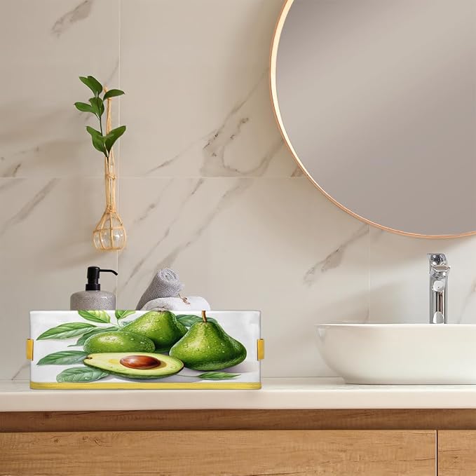 Green Avocado Pattern Bathroom Storage Basket Waterproof Foldable Storage Bins with Handles Decorative Toilet Paper Storage Basket for Organizing for House Bathroom Toiletries