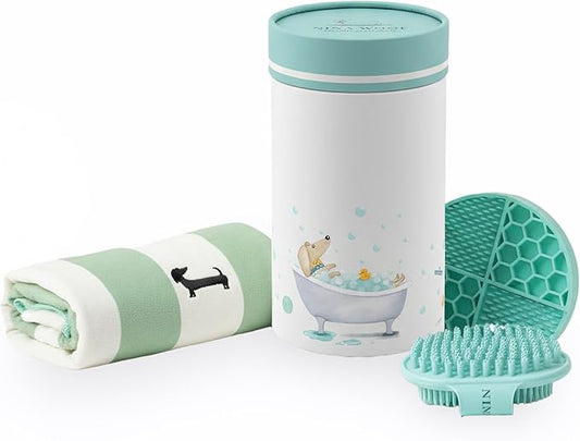 Nina Woof Bath Kit for Dogs & Puppies – Grooming Set with Recycled Polyester Towel, Silicone Brush & Lick Mat – Stylish At-Home Dog Bath Kit, Perfect Dog Gift