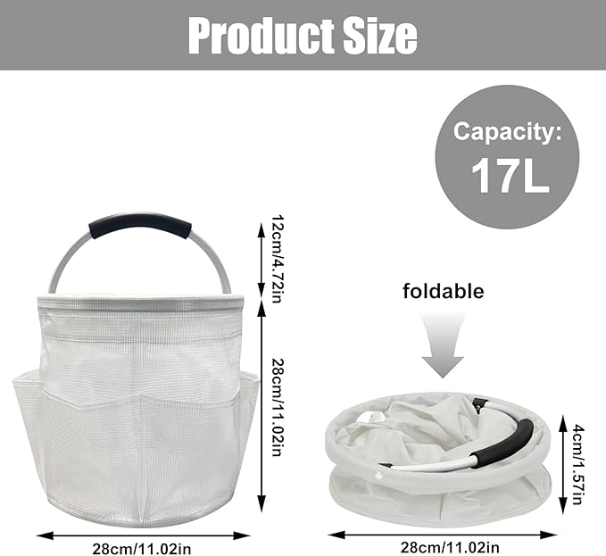 17L Cleaning Caddy with Handle, Foldable Cleaning Supply Caddy with 6 Pockets Cleaning Caddy Bag for Outdoor Camping Garden Harvest Basket Bathroom Storage (Clear)